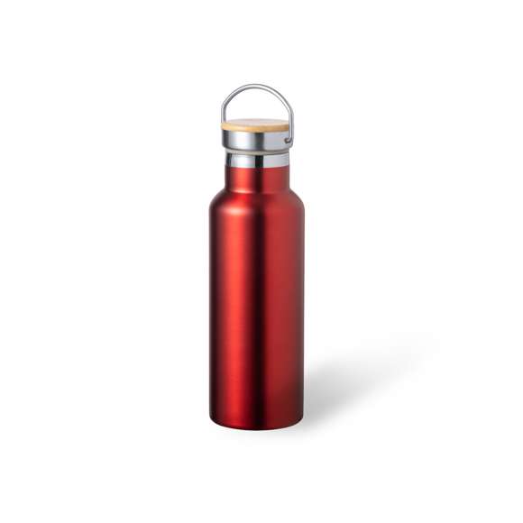 Bidón térmico de 500 ml de capacidad, fabricado en acero inox de doble pared. Incluye original tapón a rosca en acero inox, con detalle de bambú y asa integrada. Disponible en variada gama de colores y presentado en caja individual de diseño kraft.