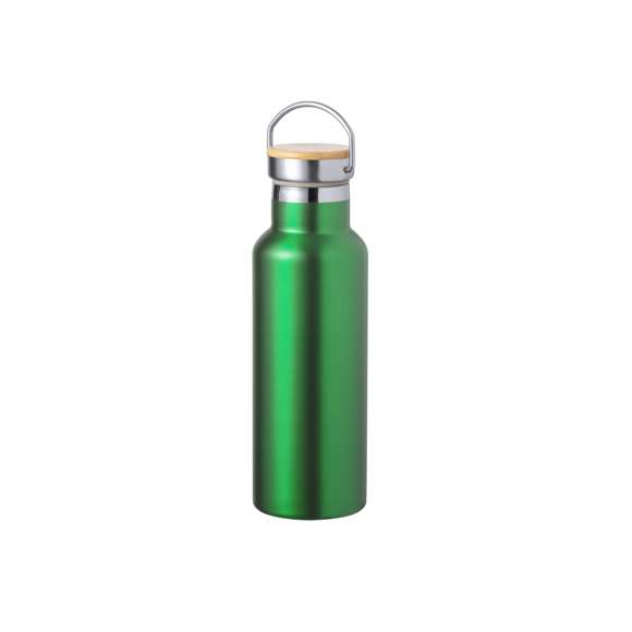 Bidón térmico de 500 ml de capacidad, fabricado en acero inox de doble pared. Incluye original tapón a rosca en acero inox, con detalle de bambú y asa integrada. Disponible en variada gama de colores y presentado en caja individual de diseño kraft.