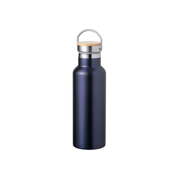 Bidón térmico de 500 ml de capacidad, fabricado en acero inox de doble pared. Incluye original tapón a rosca en acero inox, con detalle de bambú y asa integrada. Disponible en variada gama de colores y presentado en caja individual de diseño kraft.
