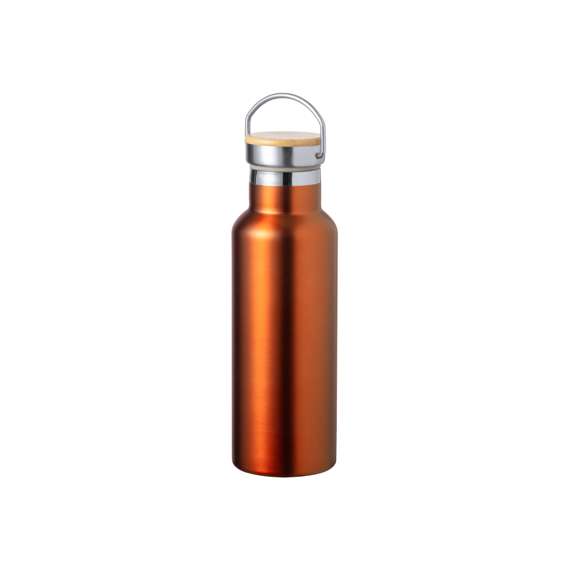 Bidón térmico de 500 ml de capacidad, fabricado en acero inox de doble pared. Incluye original tapón a rosca en acero inox, con detalle de bambú y asa integrada. Disponible en variada gama de colores y presentado en caja individual de diseño kraft.