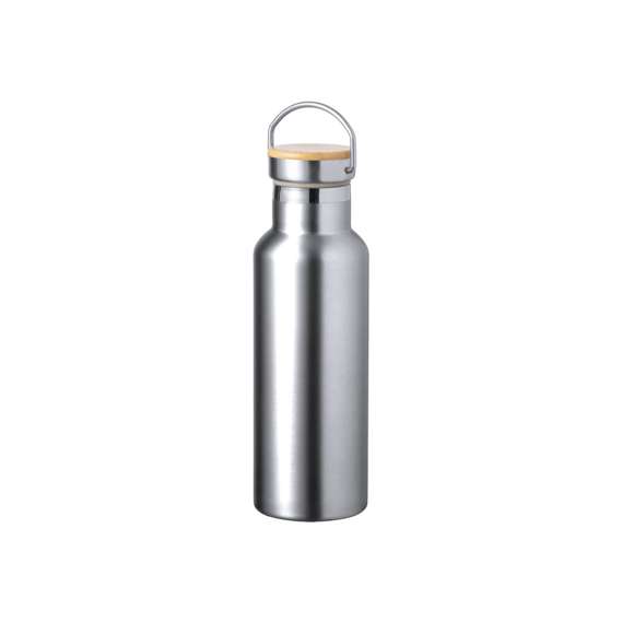 Bidón térmico de 500 ml de capacidad, fabricado en acero inox de doble pared. Incluye original tapón a rosca en acero inox, con detalle de bambú y asa integrada. Disponible en variada gama de colores y presentado en caja individual de diseño kraft.