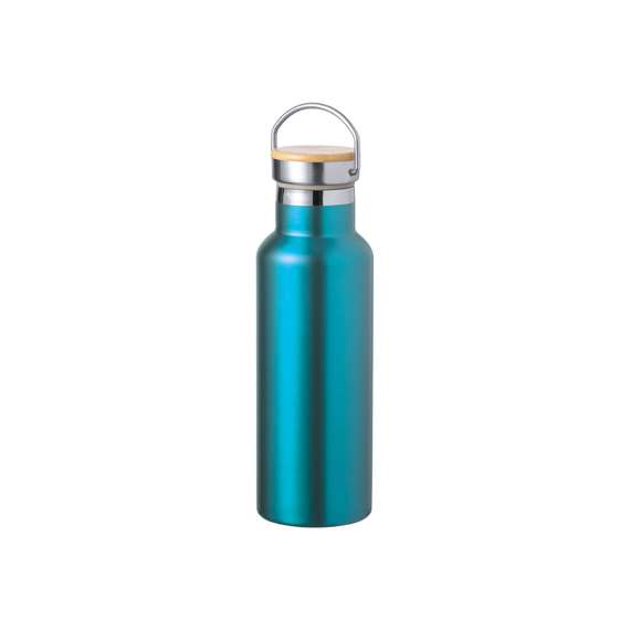 Bidón térmico de 500 ml de capacidad, fabricado en acero inox de doble pared. Incluye original tapón a rosca en acero inox, con detalle de bambú y asa integrada. Disponible en variada gama de colores y presentado en caja individual de diseño kraft.