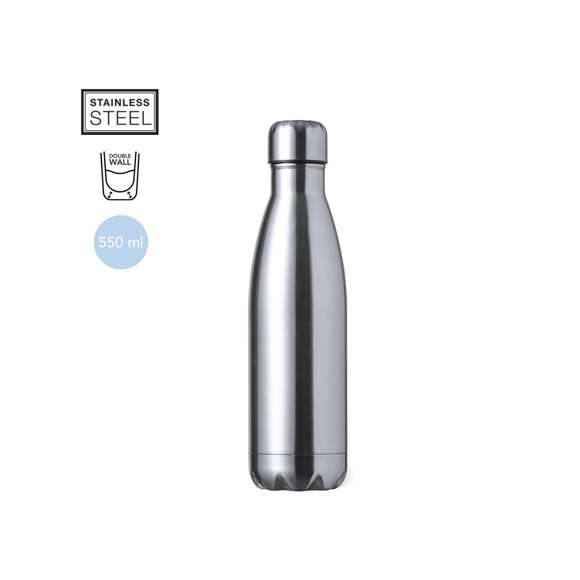 Bidón térmico de 550 ml de capacidad, fabricado en acero inox de doble pared. Con tapón a rosca, libre de BPA y disponible en variada gama de colores satinados. Presentado en caja individual de diseño kraft.Disponible manual de instrucciones en español e inglés.