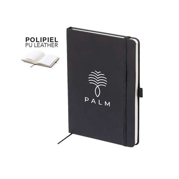 Bloc de notas fabricado en polipiel de elegante acabado en negro. Con tapas duras, marcapáginas y elástico de sujeción a juego. Interior con 100 hojas de disposición a 1 raya y soporte para bolígrafo (bolígrafo no incluido).