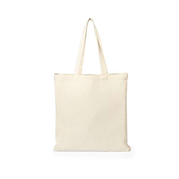 Bolsa fabricada en algodón 100%, de acabado natural y en 220g/m2. De acabado cosido, con fuelle en base y asas medianas reforzadas (60 x 2,5 cm). Resistencia hasta 10 kg de peso.
