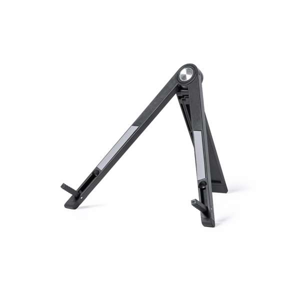 Original soporte plegable para dispositivos móviles y ordenador portátil de hasta 13", fabricado en resistente material ABS. Con dos posiciones de visionado y plegado de pequeño tamaño para un fácil transporte.
