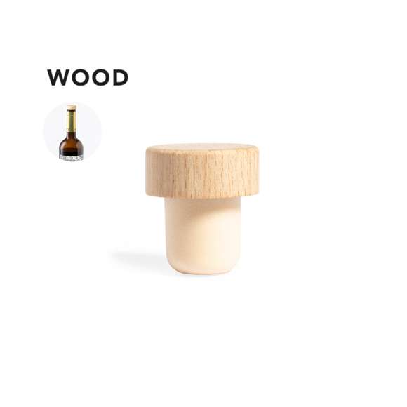 Tapón reutilizable para botella, con parte superior en madera natural y parte inferior hermética.
