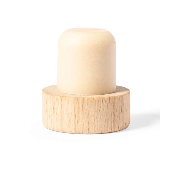 Tapón reutilizable para botella, con parte superior en madera natural y parte inferior hermética.
