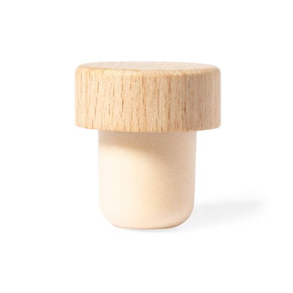 Tapón reutilizable para botella, con parte superior en madera natural y parte inferior hermética.