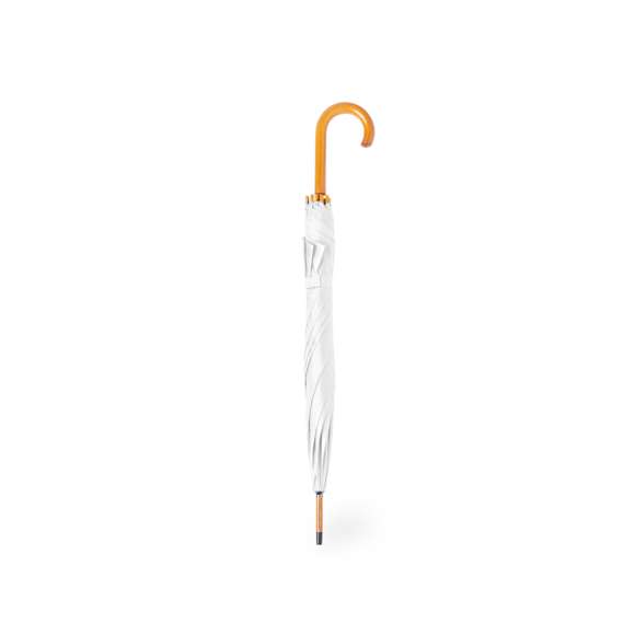 Paraguas de 8 paneles y 105 cm de diámetro, en resistente material poliéster 190T. De apertura automática, con mango curvado y caña, ambos en madera. Varillas metálicas en color negro, tira con cierre de velcro y disponible en variada gama de colores.