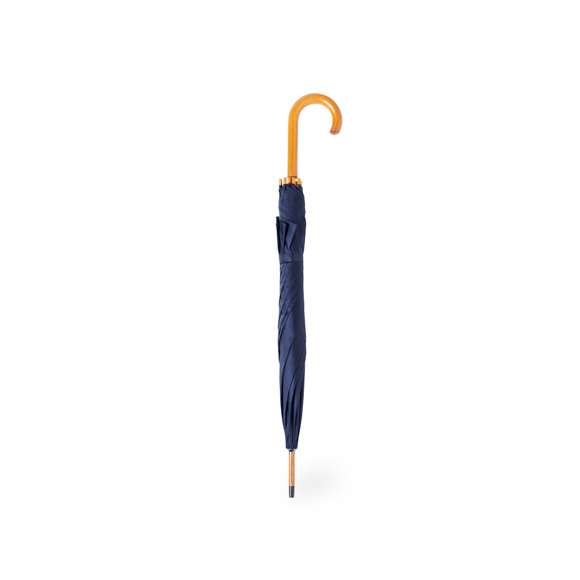 Paraguas de 8 paneles y 105 cm de diámetro, en resistente material poliéster 190T. De apertura automática, con mango curvado y caña, ambos en madera. Varillas metálicas en color negro, tira con cierre de velcro y disponible en variada gama de colores.