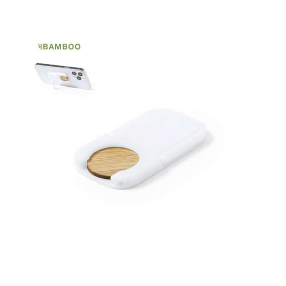 Soporte multifunción para smartphone, con moneda para carro de la compra integrada y anilla/soporte plegable. Cuerpo fabricado en resistente ABS de acabado blanco, con moneda en bambú. Con adhesivo de fijación extra fuerte y libre de residuos al despegarlo del dispositivo.