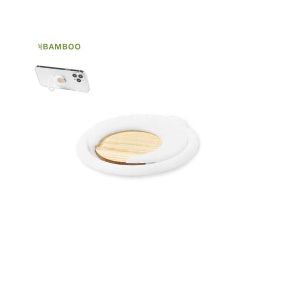Soporte multifunción para smartphone, con moneda para carro de la compra integrada y anilla/soporte plegable. Cuerpo fabricado en resistente ABS de acabado blanco, con moneda en bambú. Con adhesivo de fijación extra fuerte y libre de residuos al despegarlo del dispositivo.