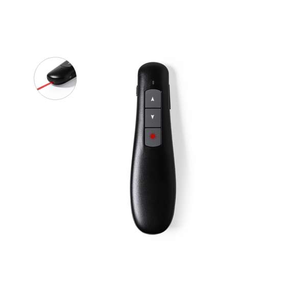 Puntero láser inalámbrico para presentaciones. De diseño ergonómico, incluye accesorio plug  play para conectarlo al puerto USB del ordenador, sin necesidad de instalar software adicional para su correcto funcionamiento. Compatible con multitud de sistemas operativos (Windows, OS X, Linux y Android). Con botones avance/ pausa/ retroceso/volumen y alimentación a pilas: 2xAAA incluidas. Presentado en elegante y resistente estuche de cartón negro, con funda e interior troquelado en espuma. Manual de instrucciones en español e inglés.