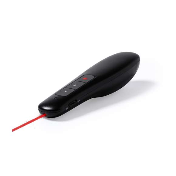 Puntero láser inalámbrico para presentaciones. De diseño ergonómico, incluye accesorio plug  play para conectarlo al puerto USB del ordenador, sin necesidad de instalar software adicional para su correcto funcionamiento. Compatible con multitud de sistemas operativos (Windows, OS X, Linux y Android). Con botones avance/ pausa/ retroceso/volumen y alimentación a pilas: 2xAAA incluidas. Presentado en elegante y resistente estuche de cartón negro, con funda e interior troquelado en espuma. Manual de instrucciones en español e inglés.