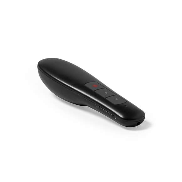 Puntero láser inalámbrico para presentaciones. De diseño ergonómico, incluye accesorio plug  play para conectarlo al puerto USB del ordenador, sin necesidad de instalar software adicional para su correcto funcionamiento. Compatible con multitud de sistemas operativos (Windows, OS X, Linux y Android). Con botones avance/ pausa/ retroceso/volumen y alimentación a pilas: 2xAAA incluidas. Presentado en elegante y resistente estuche de cartón negro, con funda e interior troquelado en espuma. Manual de instrucciones en español e inglés.