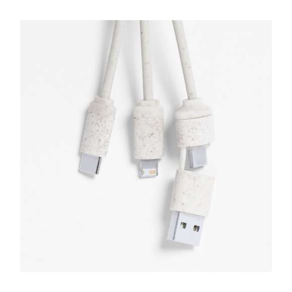 Cable cargador con anilla fabricado en caña de trigo, para así fomentar la utilización de materias primas naturales y reducir las emisiones contaminantes. Incluye conexiones de entrada Tipo C y USB  salidas Lightning, Micro USB y USB. Presentado en bolsa individual de diseño kraft.