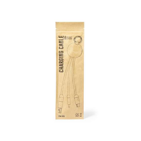 Cable cargador con anilla fabricado en caña de trigo, para así fomentar la utilización de materias primas naturales y reducir las emisiones contaminantes. Incluye conexiones de entrada Tipo C y USB  salidas Lightning, Micro USB y USB. Presentado en bolsa individual de diseño kraft.