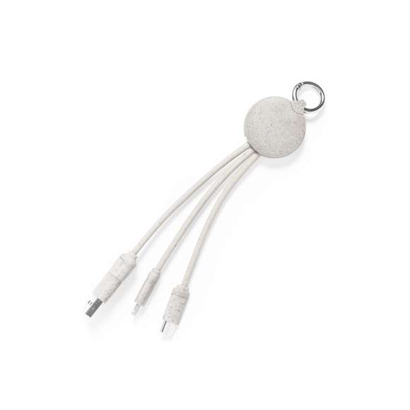 Cable cargador con anilla fabricado en caña de trigo, para así fomentar la utilización de materias primas naturales y reducir las emisiones contaminantes. Incluye conexiones de entrada Tipo C y USB  salidas Lightning, Micro USB y USB. Presentado en bolsa individual de diseño kraft.