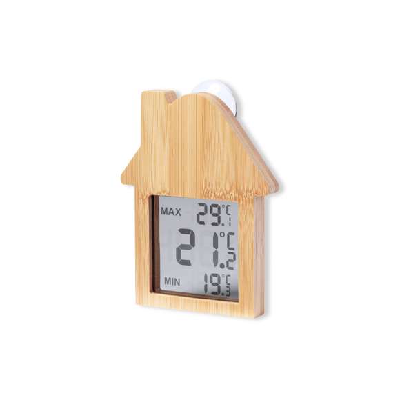 Estación meteorológica fabricada en bambú y con fijación por ventosa. Pantalla LCD de fácil lectura con termómetro, registro de temperaturas máximas/mínima, y reloj. Alimentación con pila (de botón incluida). Presentada en caja individual de diseño kraft, con manual de instrucciones en español e inglés.