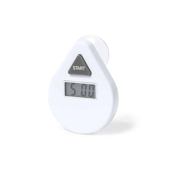 Temporizador fabricado en resistente ABS de acabado blanco y con fijación por ventosa. Pantalla LCD de fácil lectura, con botón de control de cuenta atrás (5 minutos). Alimentación con pila (de botón incluida). Presentada en caja individual de diseño kraft, con manual de instrucciones en español e inglés.