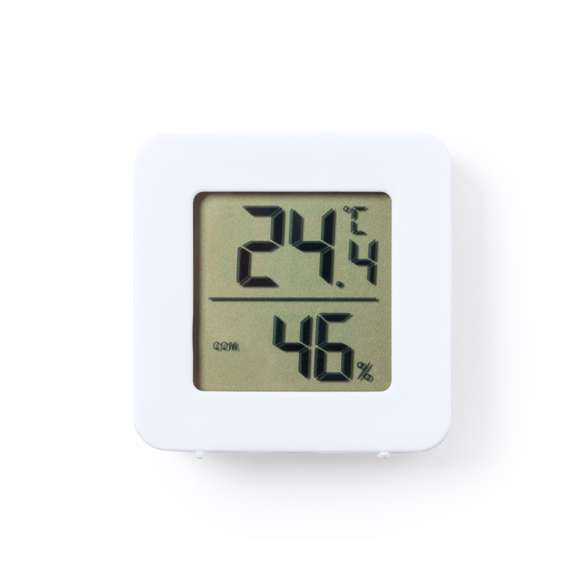 Estación meteorológica fabricada en resistente ABS de acabado blanco. Pantalla LCD de fácil lectura con termómetro y medidor de humedad. Fijación magnética y alimentación con pila (de botón incluida, con film protector). Presentada en caja individual de diseño kraft, con manual de instrucciones en español e inglés.
