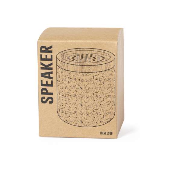 Altavoz Bluetooth® de tamaño compacto y 3W de potencia. Combinación eco de cuerpo en corcho natural con rejilla de bambú. Batería de litio de 300mAh, con cable de carga Tipo C incluido. Presentado en caja individual de diseño kraft, con manual de instrucciones en español e inglés.