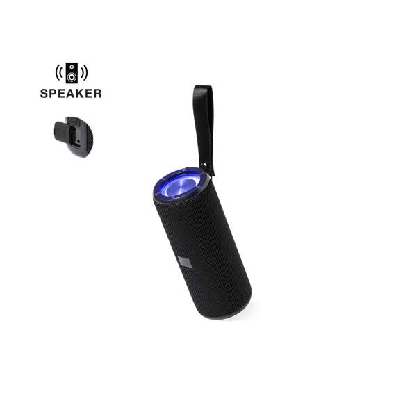 	Potente altavoz estéreo Bluetooth® 2x5W con luz multicolor y tecnología TWS (True Wirelss Stereo). Portátil y fabricado en resistente material forrado en poliéster, con rejilla. Con luces LED multicolor y 6 posiciones de iluminación. Conexión Bluetooth 5.0, con panel de control integrado en el lateral del altavoz. Con función manos libres y entrada de línea mediante conexión jack de 3,5 mm. Batería de litio de 1.200 mAh y cable de carga Tipo C incluido. Con asa de transporte y placa integrada en la rejilla para fácil marcaje. Presentado en caja individual de diseño kraft, con manual de instrucciones en español e inglés.