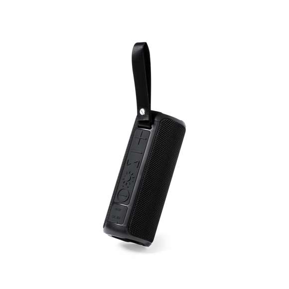  	Potente altavoz estéreo Bluetooth® 2x5W con luz multicolor y tecnología TWS (True Wirelss Stereo). Portátil y fabricado en resistente material forrado en poliéster, con rejilla. Con luces LED multicolor y 6 posiciones de iluminación. Conexión Bluetooth 5.0, con panel de control integrado en el lateral del altavoz. Con función manos libres y entrada de línea mediante conexión jack de 3,5 mm. Batería de litio de 1.200 mAh y cable de carga Tipo C incluido. Con asa de transporte y placa integrada en la rejilla para fácil marcaje. Presentado en caja individual de diseño kraft, con manual de instrucciones en español e inglés.