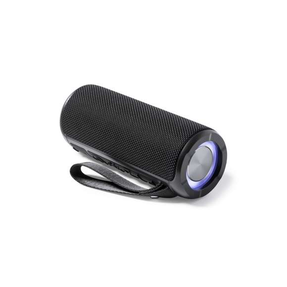  	Potente altavoz estéreo Bluetooth® 2x5W con luz multicolor y tecnología TWS (True Wirelss Stereo). Portátil y fabricado en resistente material forrado en poliéster, con rejilla. Con luces LED multicolor y 6 posiciones de iluminación. Conexión Bluetooth 5.0, con panel de control integrado en el lateral del altavoz. Con función manos libres y entrada de línea mediante conexión jack de 3,5 mm. Batería de litio de 1.200 mAh y cable de carga Tipo C incluido. Con asa de transporte y placa integrada en la rejilla para fácil marcaje. Presentado en caja individual de diseño kraft, con manual de instrucciones en español e inglés.