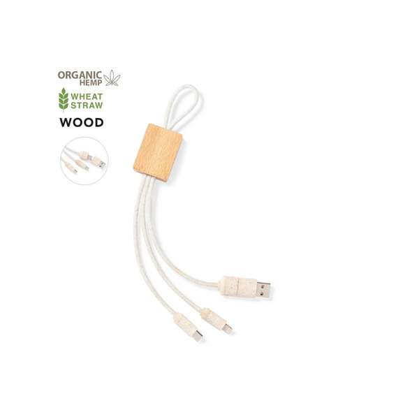 Cable cargador con cinta de transporte. Fabricado usando materiales naturales y respetuosos con el medio ambiente: Pieza central en madera natural. Cables recubiertos en cáñamo orgánico, obtenido de la planta cannabis, cuyos procesos tanto de cultivo como de obtención de fibras, son respetuosos con el medio ambiente, dando como resultado un material de gran resistencia, de origen natural y sostenible. Fundas de conectores en caña de trigo, para así fomentar la utilización de materias primas naturales y reducir las emisiones contaminantes.Incluye conexiones de entrada Tipo C y USB, salidas Lightning, Micro USB y Tipo C. 5V DC 2.4A. Presentado en bolsa individual de diseño kraft.