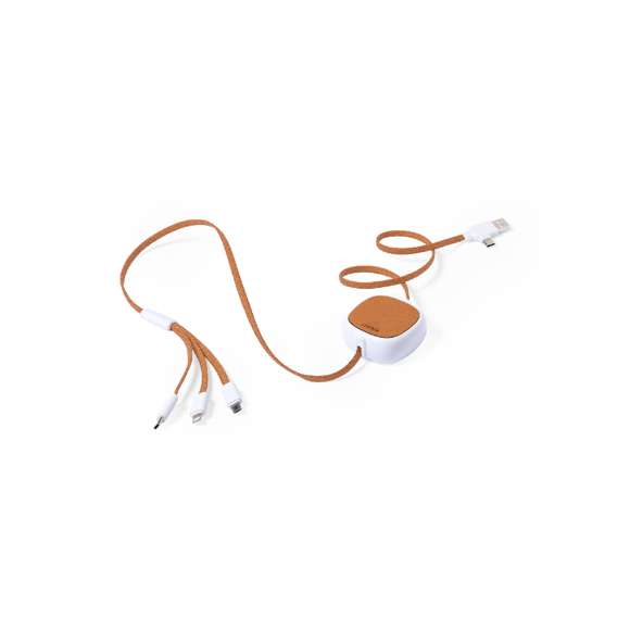 Cable cargador extensible de 1 m, fabricado en RABS y en elegante color blanco, con cables y detalles en cuero reciclado.Pieza central con cubierta en cuero reciclado y mecanismo interior que convierte al cable en extensible. Con conexiones de entrada Tipo C y USB y salidas Tipo C,Lightning y Micro USB. 5V DC 2.4AEl material RABS o ABS Reciclado y el cuero reciclado proceden del reciclado de artículos al final de su vida útil. Los materiales reciclados empleados incorporan la certificación RCS, que garantiza el origen reciclado de los mismos.