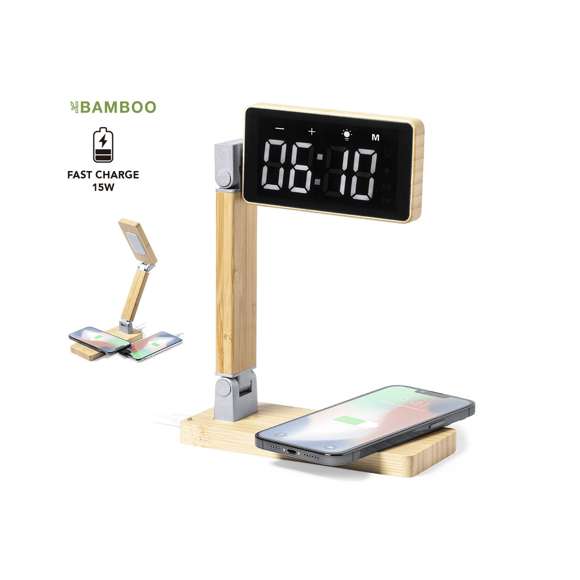 Reloj multifunción con pantalla táctil retroiluminada y cargador inalámbrico 15W integrado, con salida USB(5V DC 2A). Plegable y fabricado en bambú, con funciones fecha/hora y alarma. Lámpara con 16 LEDs y 3 posiciones de iluminación, con intensidad de luz regulable. Cable de carga Tipo C incluido y compatible con dispositivos equipados con tecnología de carga inalámbrica Qi. Presentado en caja individual de diseño kraft, con manual de instrucciones en español en inglés.Fabricado conforme a los estándares RoHS y en cumplimiento con los siguientes requisitos de seguridad:Sistema de protección contra sobrecalentamiento.Sistema de protección contra sobrecarga.Sistema de bloqueo para evitar cortocircuitos.