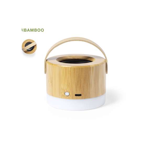 Altavoz Bluetooth® de tamaño compacto, con 3W de potencia y luz LED. Fabricado en bambú y ABS, con cinta de transporte en polipiel. Batería de litio de 300mAh, con cable de carga Tipo C incluido. Presentado en caja individual de diseño kraft, con manual de instrucciones en español e inglés.