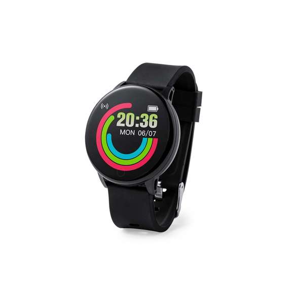 Reloj inteligente multifunción de diseño casual, con conexión Bluetooth®. Caja de diseño circular y correa en TPU a juego. Pantalla TFT táctil de 1,30 pulgadas y batería de 180 mAh, que lo convierten en el gadget perfecto para todo tipo de actividades deportivas, de ocio y para el día a día.  Multitud de funciones disponibles, interfaz multilenguaje y resistente a salpicaduras de agua, con APP disponible para iOS y Android. Presentado en caja individual de diseño, con manual de instrucciones en español e inglés.