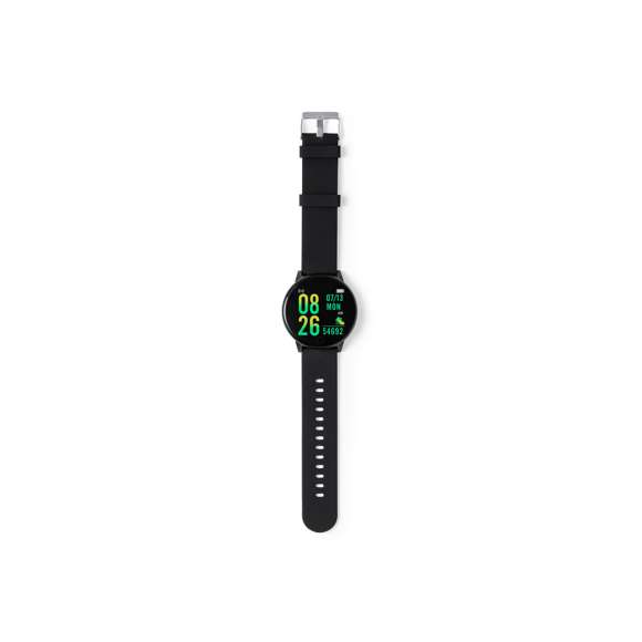 Reloj inteligente multifunción de diseño casual, con conexión Bluetooth®. Caja de diseño circular y correa en TPU a juego. Pantalla TFT táctil de 1,30 pulgadas y batería de 180 mAh, que lo convierten en el gadget perfecto para todo tipo de actividades deportivas, de ocio y para el día a día.  Multitud de funciones disponibles, interfaz multilenguaje y resistente a salpicaduras de agua, con APP disponible para iOS y Android. Presentado en caja individual de diseño, con manual de instrucciones en español e inglés.