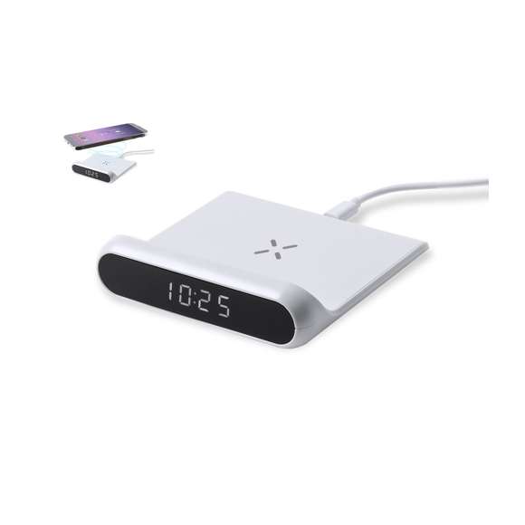 Reloj multifunción con pantalla retroiluminada y cargador inalámbrico 10W integrado. De elegante diseño en color blanco, con funciones hora y alarma. Cable de carga Tipo C de 1 m incluido y compatible con dispositivos equipados con tecnología de carga inalámbrica Qi. Presentado en caja individual de diseño kraft, con manual de instrucciones en español en inglés.Fabricado conforme a los estándares RoHS y en cumplimiento con los siguientes requisitos de seguridad:Sistema de protección contra sobrecalentamiento.Sistema de protección contra sobrecarga.Sistema de bloqueo para evitar cortocircuitos.