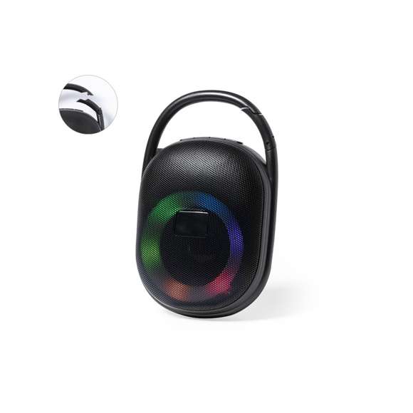 Potente altavoz Bluetooth® de 5W con luz multicolor. Portátil y fabricado en resistente material ABS de color negro mate, con rejilla y colgador integrado. Con luces LED multicolor y 5 posiciones de iluminación. Conexión Bluetooth 5.0 + EDR (tasa de transmisión de datos mejorada). Panel de control integrado en la parte superior del altavoz y completa conectividad, con función manos libres, puerto USB para reproducción desde una memoria USB, ranura para tarjeta micro SD (hasta 32GB) y función radio FM. Con batería de litio de 1.200 mAh y cable de carga Tipo C incluido. Placa integrada en la rejilla para fácil marcaje y presentado en caja individual de diseño kraft, con manual de instrucciones en español e inglés.