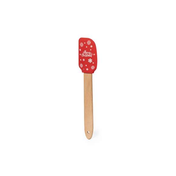 Paleta de cocina con extremo de silicona y originales motivos navideños. Confortable mango fabricado en madera natural. Presentado en bolsa individual reciclada.