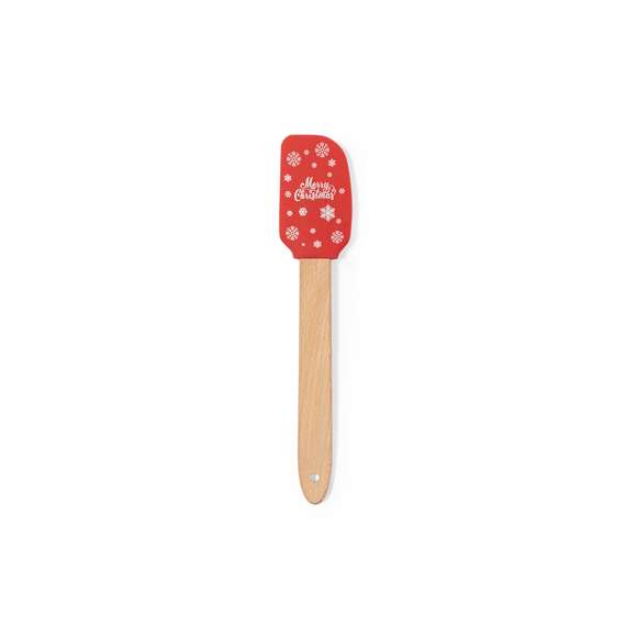 Paleta de cocina con extremo de silicona y originales motivos navideños. Confortable mango fabricado en madera natural. Presentado en bolsa individual reciclada.