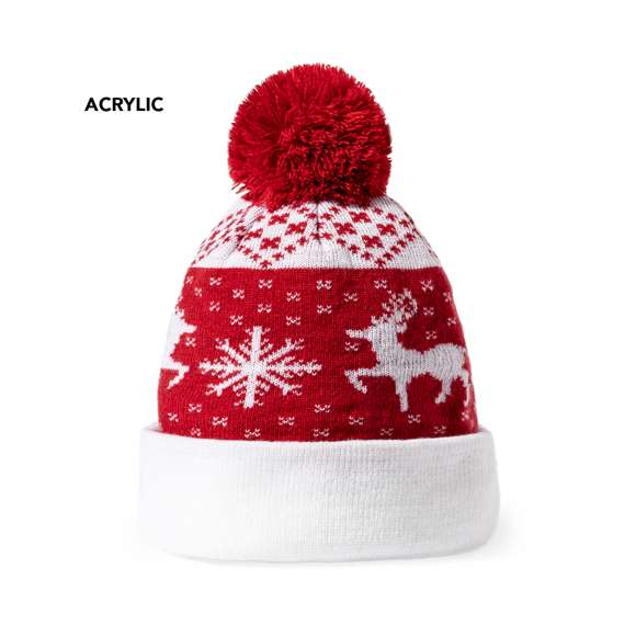 Original gorro con motivos navideños. Un regalo ideal para combatir el frío y agregar un toque de calidez y diversión a los looks más navideños. Fabricado en suave poliéster acrílico y pom pom a juego. Presentado en una bolsa individual reciclada. Cuenta con zona especial para el marcaje.