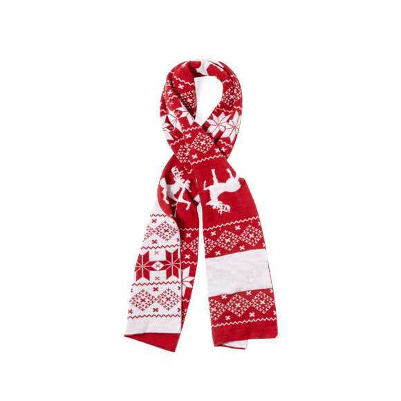 Divertida y cálida bufanda con motivos navideños. Un original regalo para lucir con estilo en navidad. Fabricada en suave poliéster acrílico y presentada en una bolsa individual reciclada. Cuenta con zona especial para el marcaje.
