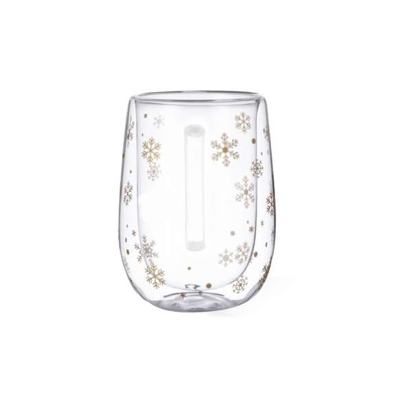 Taza térmica de doble pared y 400 ml de capacidad. Con original diseño de copos de nieve y área de marcaje especial en el frontal. Fabricada en cristal de borosilicato, que ofrece una resistencia y durabilidad excepcionales, alargando su vida útil y pudiendo ser reutilizada infinidad de veces.Presentada en caja de diseño en color negro con ilustración en color dorado.