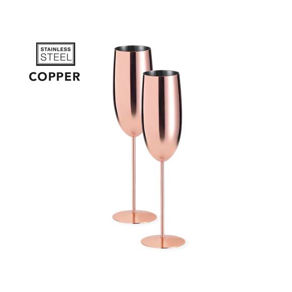 Set de copas de 270ml de capacidad y sofisticado diseño. Fabricadas en acero inoxidable, con recubrimiento de cobre galvanizado y acabado brillo. Presentadas en exclusiva caja individual de diseño negra.