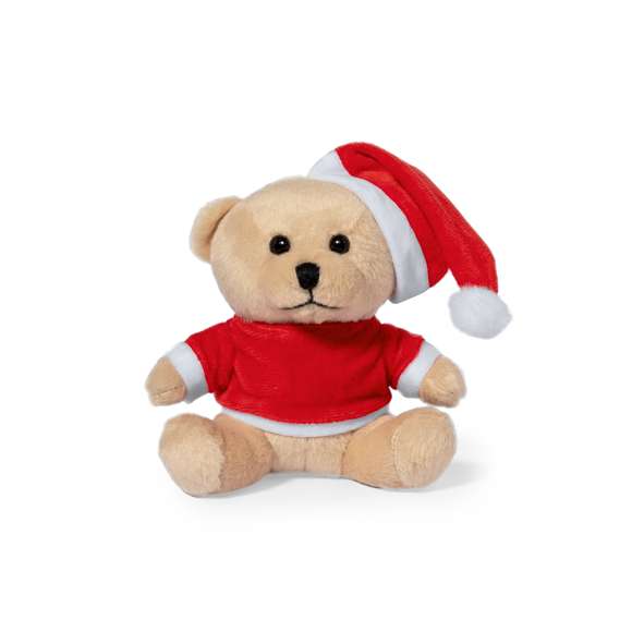 Tierno y suave oso de peluche con camiseta personalizable y original gorro de Papa Noel. Un divertido regalo con motivos navideños con el que sorprender. Presentado en bolsa individual reciclada.