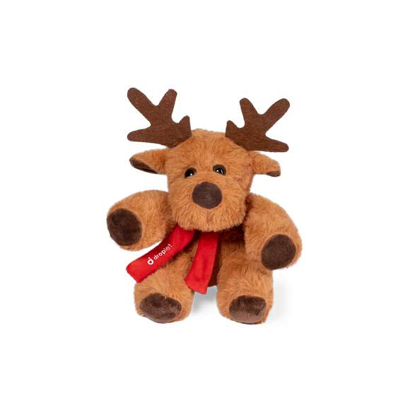 Tierno y suave reno de peluche con bufanda personalizable. Un divertido regalo con motivos navideños con el que sorprender. Presentado en bolsa individual reciclada.