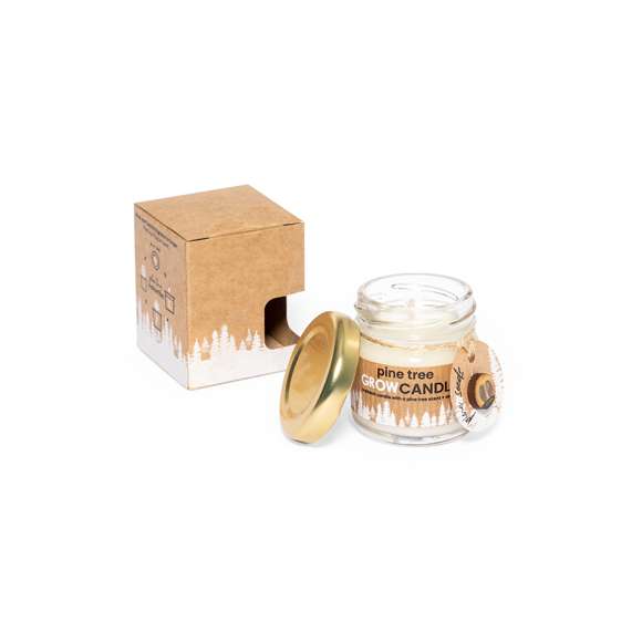 Ecológica vela con aroma a pino. Incluye tarjeta exclusiva con cápsula de semillas de pino. Un respetuoso y sorprendente regalo con el que fomentar y promover el cuidado del medio ambiente. Fabricada en cristal, con tapón de metal. Presentada en atractiva caja de diseño kraft.