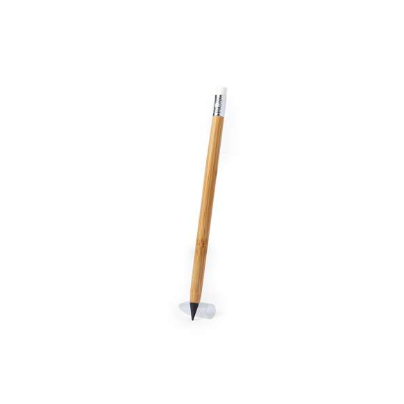 Lápiz eterno fabricado en bambú. Reutilizable y con escritura infinita, para así usar siempre el mismo lápiz y no generar residuos. Incluye goma de borrar en la parte superior del lápiz.Materiales como el bambú fomentan la utilización de materias primas naturales reduciendo las emisiones contaminantes. Además, el bambú proviene de una planta de gran resistencia y versatilidad, con crecimiento y regeneración rápida, siendo una excelente alternativa al uso de madera tradicional.