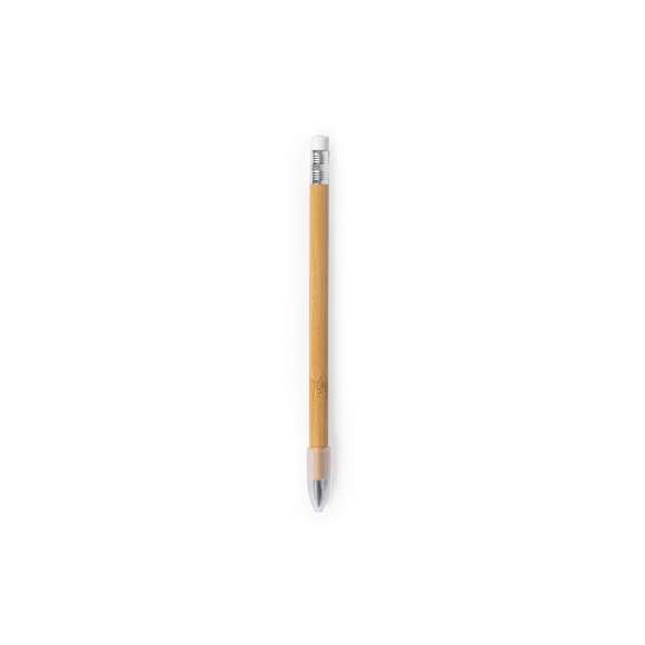 Lápiz eterno fabricado en bambú. Reutilizable y con escritura infinita, para así usar siempre el mismo lápiz y no generar residuos. Incluye goma de borrar en la parte superior del lápiz.Materiales como el bambú fomentan la utilización de materias primas naturales reduciendo las emisiones contaminantes. Además, el bambú proviene de una planta de gran resistencia y versatilidad, con crecimiento y regeneración rápida, siendo una excelente alternativa al uso de madera tradicional.