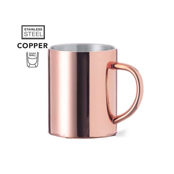 Taza de 280 ml de capacidad en acero inox de doble pared con recubrimiento exterior de cobre galvanizado. Innovador diseño con acabado brillo. Presentada en exclusiva caja individual de diseño negra.